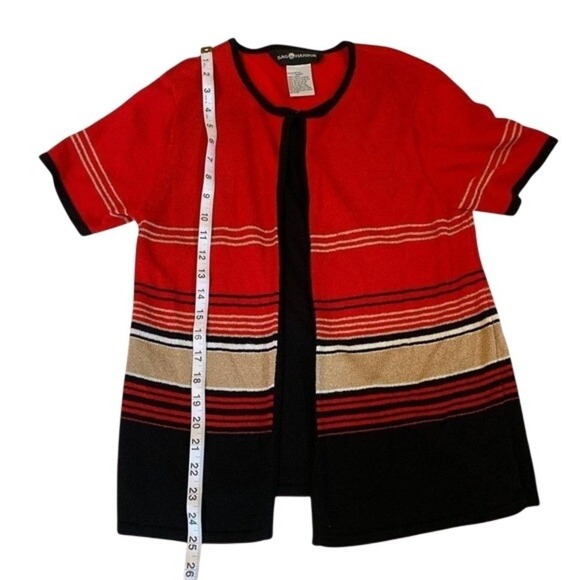SAG HARBOR Small Red Black Stripe Knit Cardigan Sweater Top Women's Short Sleeve - Picture 3 of 5